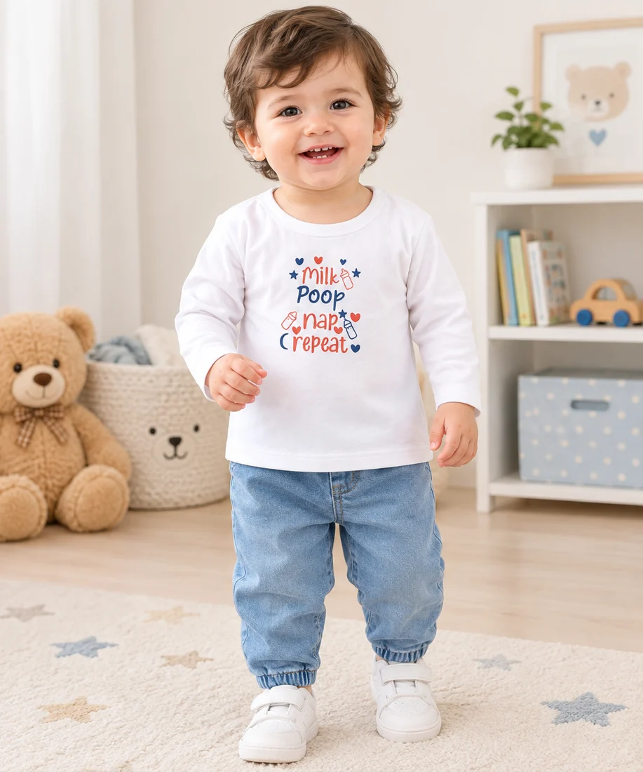 طفل يرتدي فانلة بيضاء بأكمام طويلة وطبعة Milk Poop Nap Repeat